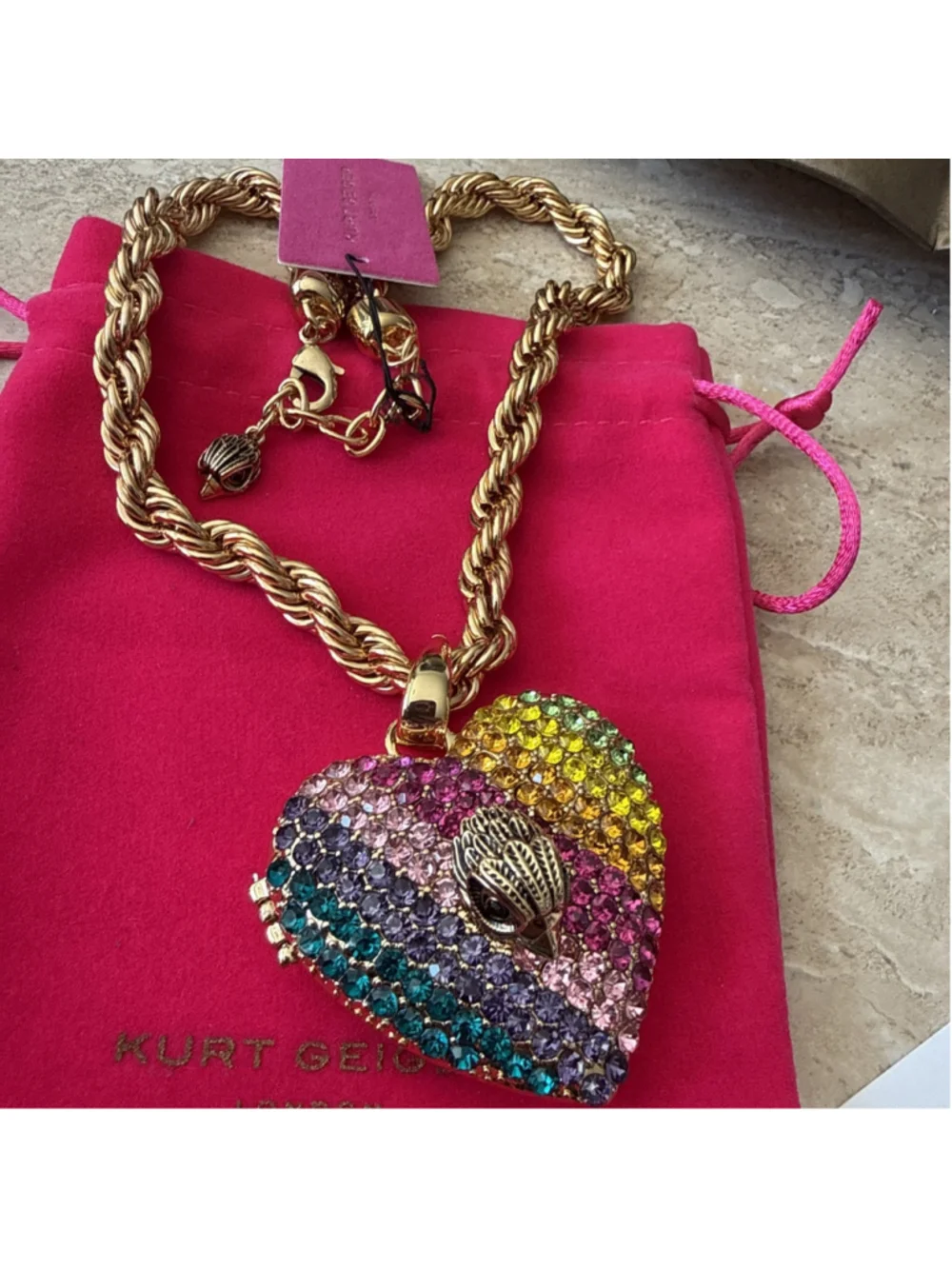 KURT GEIGER London Crystal Heart XL Locket Necklace Rainbow Eagle Head $198